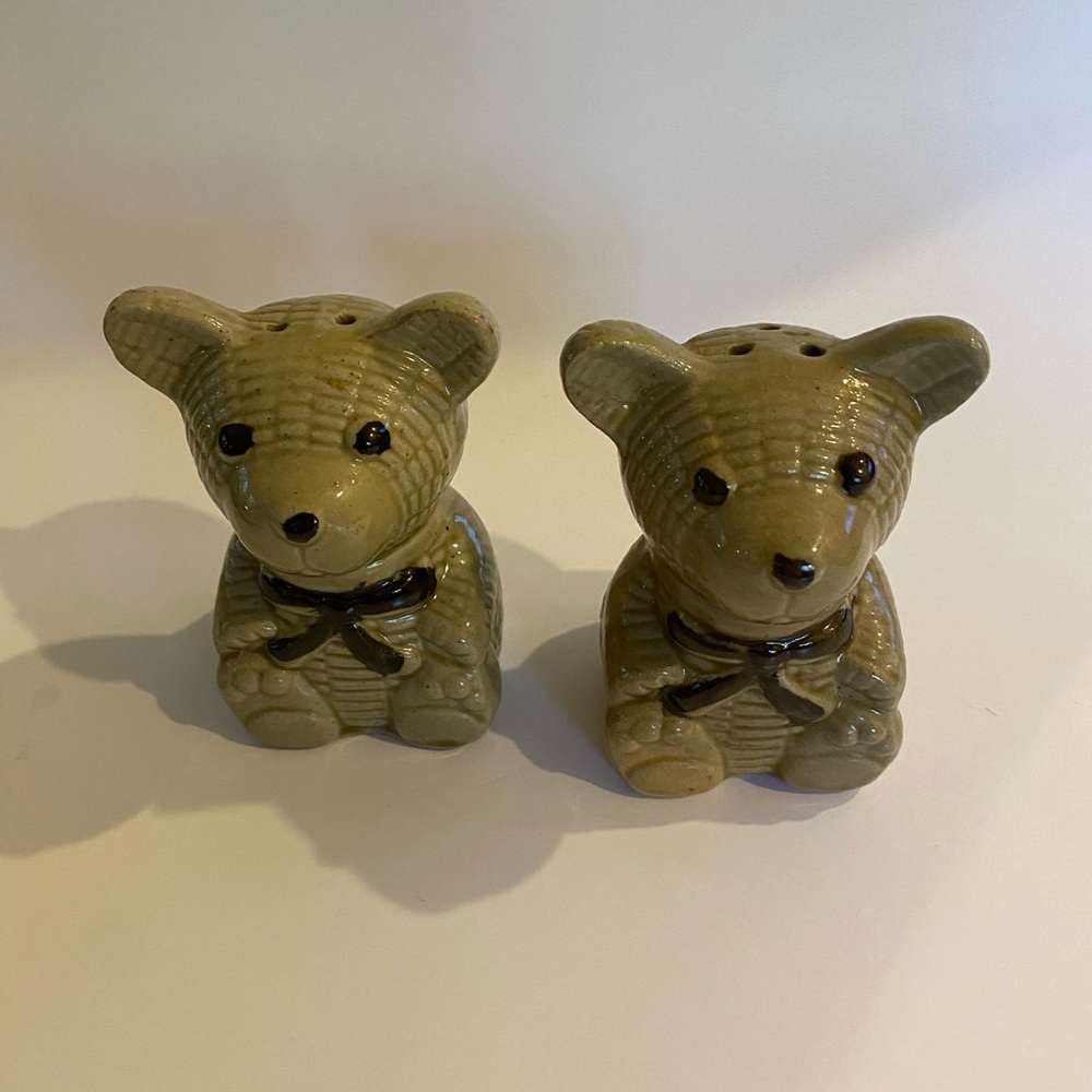 Vintage Ceramic Teddy Bear Salt Pepper Shakers Quilted Bears with Black Bow Ties